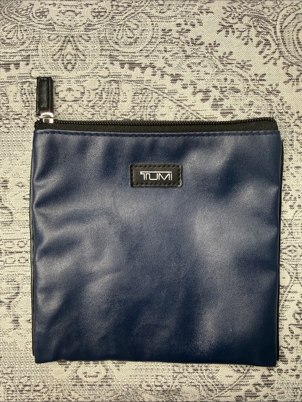 Tumi Navy Blue Leather Toiletry Pouch with Black Trim - 6.5x6.5